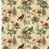 Vintage Red Blue Christmas Birds Patterned Digital Printed Fabric